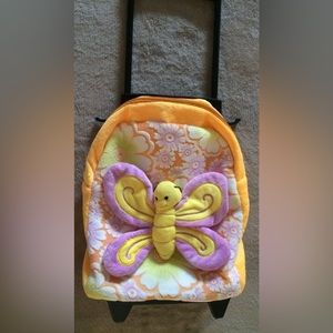 Kellytoy Girls Rilling Backpack Suitcase Wheels - Orange w/Plush Butterfly 15X11